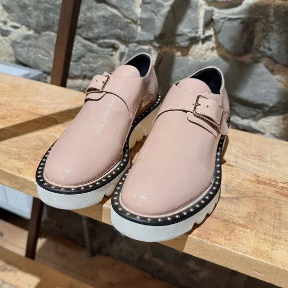 Stella McCartney Pink Patent Faux Leather Monk Strap Platform Shoes - Picture 4 of 11